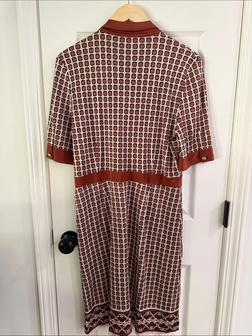 Tory Burch Rust and Cream Geometric Knit Polo Midi Dress